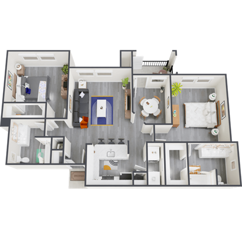 3d furnished floor plan of a 1 bedroom apartment